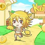 Një personazh anime me flokë të verdhë dhe veshë maceje qëndron në një rrugë në një mjedis vizatimor në sfond, me ikona të kontrollit rreth tij dhe tekstin KuiCeng The Treasure Hunter në krye