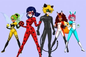 Pesë persona të veshur me kostume superhero me ngjyra të ndezura, duke përfshirë detaje si pika, veshë maceje dhe krahë