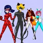Pesë persona të veshur me kostume superhero me ngjyra të ndezura, duke përfshirë detaje si pika, veshë maceje dhe krahë