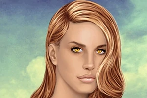 Një portret i një gruaje me flokë të artë dhe sy të verdhë në sfondin e një qielli blu të zbehtë