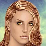Një portret i një gruaje me flokë të artë dhe sy të verdhë në sfondin e një qielli blu të zbehtë