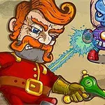 Një burrë me flokë dhe mustaqe portokalli, i veshur me një uniformë të kuqe, qëllon me armë lazer një robot me fytyrë blu