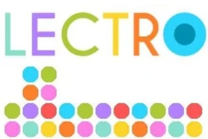 Logo me shkronjat LECTRO në ngjyra të ndryshme dhe rreshta me rrathë të vegjël shumëngjyrësh poshtë