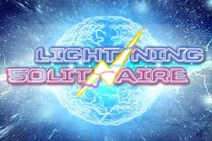 Teksti Lightning Solitaire me ndriçim elektrik në sfond blu dhe energji rrufeje