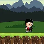 Një personazh vizatimor me flokë të zinj ecën në një peizazh me male dhe fusha në sfond
