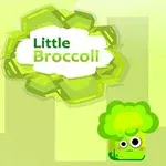 Një sfond i gjelbër me një brokoli të vogël me sy dhe një tabelë që thotë Little Broccoli