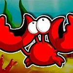 Karikaturë e një gaforreje të kuqe me sy të mëdhenj në një ambient nënujore me alga