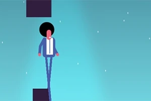 Një personazh me flokë të mëdha të zeza dhe kostum blu qëndron në një sfond me ngjyra blu të hapur