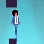 Një personazh me flokë të mëdha të zeza dhe kostum blu qëndron në një sfond me ngjyra blu të hapur