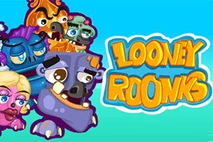 Karaktere vizatimore shumëngjyrëshe me shprehje të ndryshme dhe titulli Looney Roonks në sfond blu