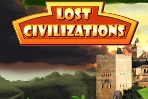 Një peizazh që tregon ndërtesa të lashta në sfondin e një qielli dramatik me ngjyrime të perëndimit të diellit dhe mbishkrimin Lost Civilizations në krye