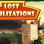 Një peizazh që tregon ndërtesa të lashta në sfondin e një qielli dramatik me ngjyrime të perëndimit të diellit dhe mbishkrimin Lost Civilizations në krye