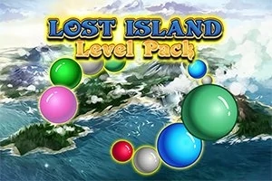 Teksti Lost Island Level Pack dhe topa shumëngjyrësh mbi një sfond ishulli