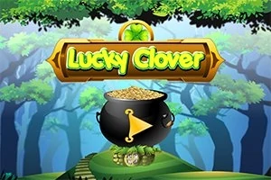 Një kazan i zi me monedha ari dhe një tabelë me tekstin Lucky Clover përpara një pylli magjik