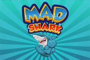 Një peshkaqen muskulor dhe kartonist përballë një sfondi me rreze diagonale blu, me tekstin MAD SHARK sipër