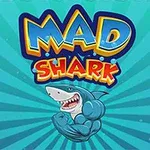 Një peshkaqen muskulor dhe kartonist përballë një sfondi me rreze diagonale blu, me tekstin MAD SHARK sipër