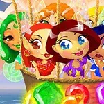 Personazhe të animuara me flokë shumëngjyrëshe janë në një balonë me ajër të nxehtë, të rrethuar nga gurë të çmuar ndriçues