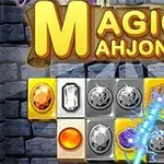 Blloqe me gurë dhe kristale të vendosura në një sfond muri me tekstin Magic Mahjong mbi to
