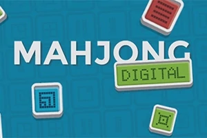 Teksti MAHJONG DIGITAL mbi një sfond blu me katrorë të vegjël me motive gjeometrike shumëngjyrëshe