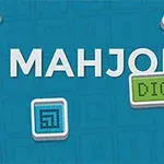 Teksti MAHJONG DIGITAL mbi një sfond blu me katrorë të vegjël me motive gjeometrike shumëngjyrëshe