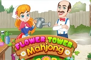 Një vajzë me kapele të bardhë dhe një njeri me mustaqe qëndrojnë pranë njeri-tjetrit në një kopsht, me një tabelë të madhe që lexon Flower Tower Mahjong përpara tyre