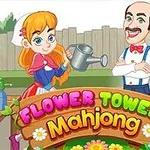 Një vajzë me kapele të bardhë dhe një njeri me mustaqe qëndrojnë pranë njeri-tjetrit në një kopsht, me një tabelë të madhe që lexon Flower Tower Mahjong përpara tyre