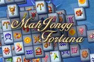 Shumë pllaka Mahjong me simbole zodiakale dhe fjala “MahJongg Fortuna” në qendër