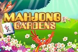 Një zog i kuq në një kopsht me lule shumëngjyrëshe dhe një domino me simbole kineze pranë titullit Mahjong Gardens