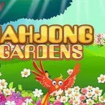 Një zog i kuq në një kopsht me lule shumëngjyrëshe dhe një domino me simbole kineze pranë titullit Mahjong Gardens