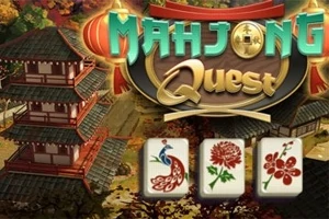 Një ndërtesë tradicionale aziatike dhe pllaka me simbole tradicionale, përfshirë një pallua dhe lule, me titullin Mahjong Quest sipër