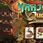 Një ndërtesë tradicionale aziatike dhe pllaka me simbole tradicionale, përfshirë një pallua dhe lule, me titullin Mahjong Quest sipër