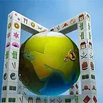 Një sferë me motive të globit rrethuar nga struktura katrore me simbole të ndryshme mbi një sfond të kaltër