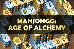 Tituj të shumtë pllakash Mahjong me simbole të alkimisë dhe tekstin Mahjongg: Age of Alchemy në mes