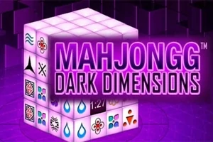 Kub tredimensional me simbole të ndryshme dhe tekstin MAHJONGG DARK DIMENSIONS në sfond vjollcë të errët