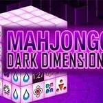 Kub tredimensional me simbole të ndryshme dhe tekstin MAHJONGG DARK DIMENSIONS në sfond vjollcë të errët