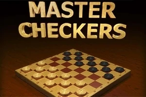 Fjalët MASTER CHECKERS mbi një dërrasë damash me gurë bardh e zi në një sipërfaqe druri