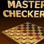Fjalët MASTER CHECKERS mbi një dërrasë damash me gurë bardh e zi në një sipërfaqe druri