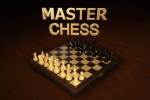 Tabela e shahut me figura të bardha dhe të zeza në fillim të lojës me tekstin MASTER CHESS mbi të