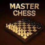 Tabela e shahut me figura të bardha dhe të zeza në fillim të lojës me tekstin MASTER CHESS mbi të