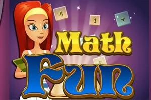 Një grua me flokë të kuqe mban një tabelë përpara tekstit Math Fun, me shenja matematikore dhe numra në sfond me ngjyra të gjalla