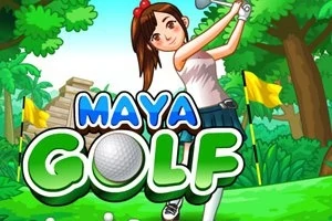 Vajzë e re me kapele të kuqe duke luajtur golf në një setting tropikal, me pemë të gjelbra dhe flamuj të verdhë në sfond