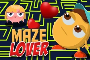 Dy personazhe vizatimorë në një labirint me zemra të kuqe dhe mbishkrimin Maze Lover