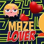 Dy personazhe vizatimorë në një labirint me zemra të kuqe dhe mbishkrimin Maze Lover