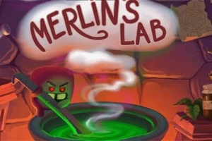 Një figurë me fytyrë të kuqe përzier një kazan me lëng të gjelbër, me mbishkrimin Merlins Lab sipër
