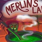 Një figurë me fytyrë të kuqe përzier një kazan me lëng të gjelbër, me mbishkrimin Merlins Lab sipër