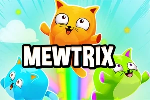 Tre mace me ngjyra të gjalla kërcejnë në ajër mbi një sfond të ndritshëm, me tekstin MEWTRIX në mes