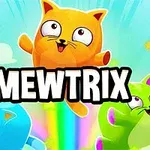 Tre mace me ngjyra të gjalla kërcejnë në ajër mbi një sfond të ndritshëm, me tekstin MEWTRIX në mes