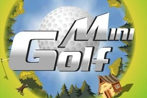 Top shumë i madh golfi në sfond të kaltër, me pemë dhe një shtëpi të vogël në të djathtë, dhe tekstin Mini Golf në pjesën e sipërme