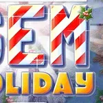Teksti GEM HOLIDAY me dizajn karamele dhe detaje të vogla dekorative festive