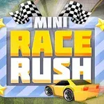 Një kornizë blu me shirita që përmban tekstin MINI RACE RUSH me dy flamuj me kuadrate të zinj dhe të bardhë dhe një makinë të verdhë sportive në sfond